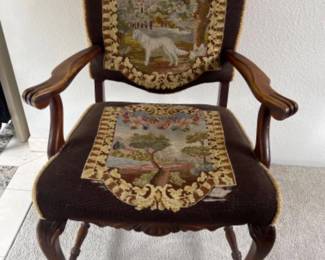 Antique Lion Paw Armrest w/ Ornate Scenic Needlepoint Upholstery