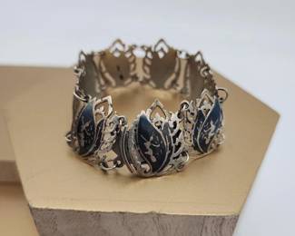 Vintage Siam Niello Leaf & Scroll Sterling Bracelet with Enamel