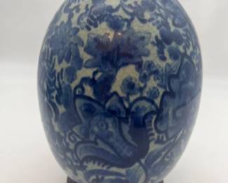 LARGE Blue & White Asian Floral Ceramic Egg on Stand - 10"T