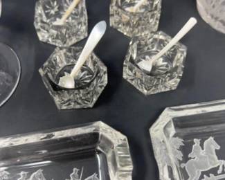 Crystal & Glass - Claret Jug - Intaglio Ashtrays - Mother of Pearl Spoons +