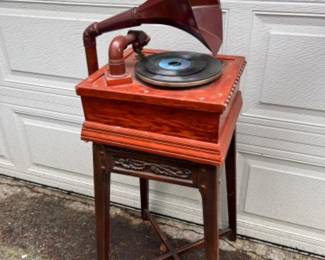 Antique Indiana Gramophone on Carved Wood Table