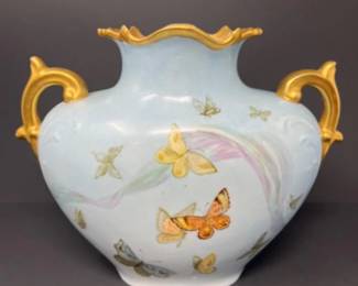 Vintage J R France Porcelain 2 Handled Vase with Butterfly & Angel Motif