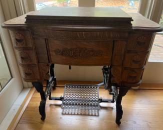 Antique White Treadle Sewing Machine in Oak Sewing Cabinet