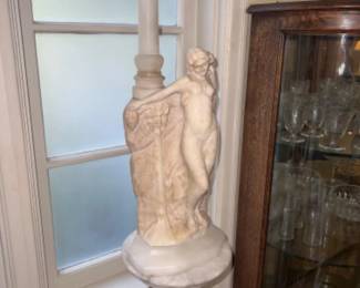Art Deco Carved Alabaster Figural Lamp w/Onyx Base on Marble Column