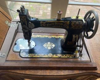 Antique White Treadle Sewing Machine in Oak Sewing Cabinet