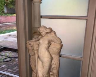 Art Deco Carved Alabaster Figural Lamp w/Onyx Base on Marble Column