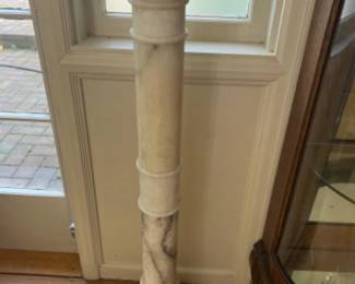 Art Deco Carved Alabaster Figural Lamp w/Onyx Base on Marble Column