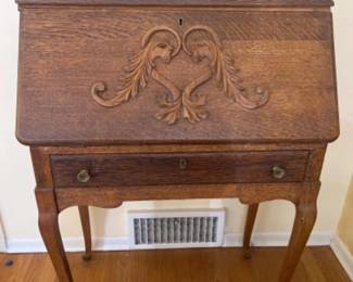 Antique Oak Secretary Drop Front Desk with Exquisite Appliques
