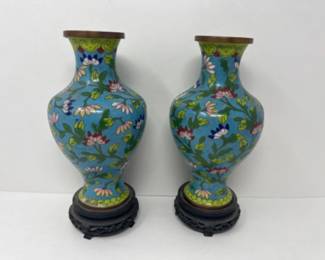 Antique Chinese Export Blue Floral Motif Cloisonné Vases on Stands