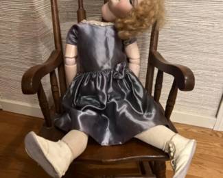 Antique Doll & Rocking Chair - Doll has Damage