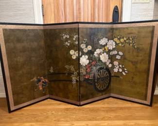 Vintage Japanese Cart & Flowers 4-Panel Painted Divider