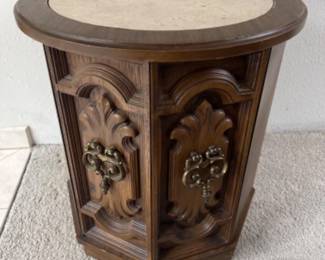 1970s Drum Side Table With Travertine Look Inlaid Top