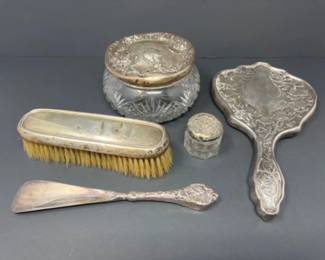 EXQUISITE Antique Art Nouveau Sterling Silver & Crystal Vanity Set