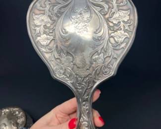 EXQUISITE Antique Art Nouveau Sterling Silver & Crystal Vanity Set