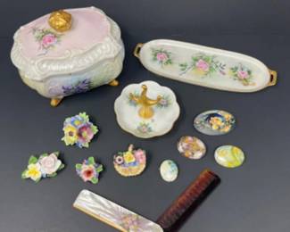 Vintage Hand Painted Porcelain Vanity Decor & Brooches