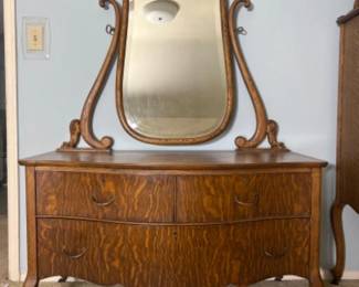 Antique Tiger Oak Veneer Princess Dresser with Mirror & Wood Wheels