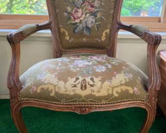 French Provincial Antique Arm Chair with Floral Needlepoint