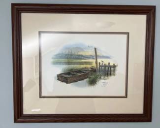 S/N 1988 Don Balke Signed Framed Litho of Rowboat & Dock