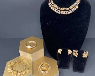 Mid Century Amber & Borealis Rhinestone Costume Jewelry - Trifari