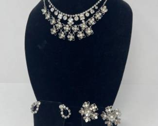 2 Vintage Clear Rhinestone Costume Jewelry Choker & Earrings Sets