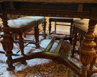 1920s Tudor Design Antique Carved Oak Draw Leaf Oak Dining Set