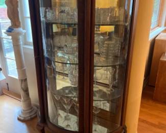 Antique Curved Glass Claw Foot Curio w/Contents