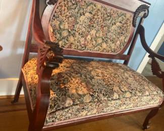 Antique Victorian Settee Parlor Chair - Carved Lion Armrests