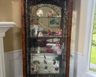 Lighted Metal Scroll & Glass Door Curio Wood Display Cabinet
