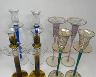 Tall Delicate Glass Taper Candlestick Holders - Romanian Art Glass