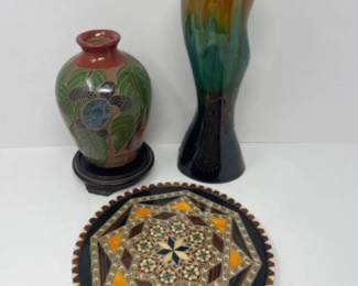 Earth Tone Home Decor Trio - Vases & Laguna Mosaic Inlay Trivet