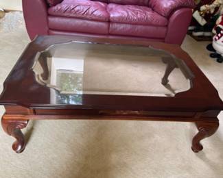 Solid Wood Traditional Style Coffee Table with Beveled Glass Insert