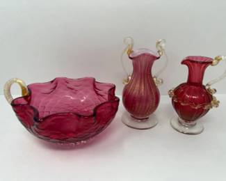Vtg Venetian Cranberry & Gold Flake Glass Nappy, Vase, & Pitcher