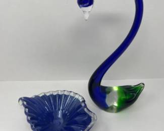 1970’s Cobalt Blue Hand Blown Glass Swan Paperweight & Ruffled Bowl