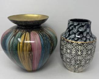 Drip Paint Art Glass Vase - Signed & Ceramic Vase Pair