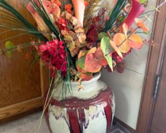 Large Vintage Drip Glaze Pottery Vase with Floral Arrangement