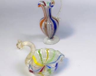 Vintage Murano Art Glass White Latticino Ribbon Pitcher/Ewer & Swan