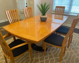 Excelsior Designs dining set—table, 6 chairs and a buffet. Made in Italy (Italian Modern style). Blonde maple with inlaid design and black accents, high gloss finish. Table and chairs are priced together, but we’ll give a discount if you buy the buffet too!