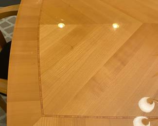 Excelsior Designs dining set—table, 6 chairs and a buffet. Made in Italy (Italian Modern style). Blonde maple with inlaid design and black accents, high gloss finish. Table and chairs are priced together, but we’ll give a discount if you buy the buffet too!