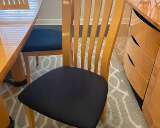 Excelsior Designs dining set—table, 6 chairs and a buffet. Made in Italy (Italian Modern style). Blonde maple with inlaid design and black accents, high gloss finish. Table and chairs are priced together, but we’ll give a discount if you buy the buffet too!