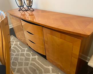 Excelsior Designs dining set—table, 6 chairs and a buffet. Made in Italy (Italian Modern style). Blonde maple with inlaid design and black accents, high gloss finish. Table and chairs are priced together, but we’ll give a discount if you buy the buffet too!
