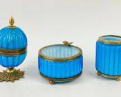 3 Vintage Evans Blue Opaline Art Glass Table Lighter & Toothpick Holders