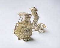 18 Grams Fine Asian Sterling Silver Rickshaw Man Filigree Figurine W/ Display Case