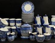 Bombay Blue & White Tile Pattern Lidded Tea Pots, Tea Cups, Saucers, Lidded Sugar Jars, and Creamer
