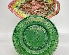 Antique Victorian Wedgwood Green Majolica RARE Portrait Lady Plate & Antique Pink High Relief Leaf Platter