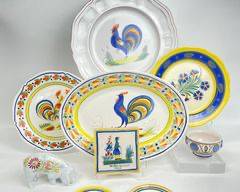 HENRIOT QUIMPER FRANCE Hand Painted YELLOW AND BLUE ROOSTER SERVING PLATTERS COASTERS AND DECORATIVE TILE ; PIG FIGURINE
