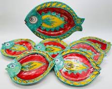 Vintage Desimone Italy Handpainted Fish Serving Platter and 6 Plates - MCM Mid Century Modern
