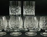 Gorham Set Of Four Cherrywood Clear Fine Cut Crystal Brandy Glasses Plus Five Fine Pinwheel Cut Crystal Whiskey Glasses