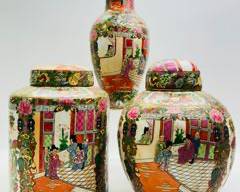 Vintage Chinese Famille Rose Medallion Enamel on Porcelain Large; Vase And 2 Urn Canisters.