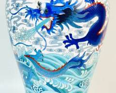 Massive Asian 14.5-inch Signed Cloissone 5 Toed Dragons On Ocean Vase with Wood Stand.