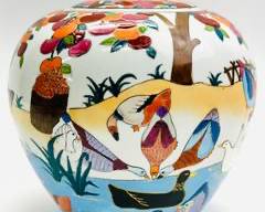 Vintage Srednick Country of the Orient Vase Soo-lee o Ducks and Apple Orchard Trees